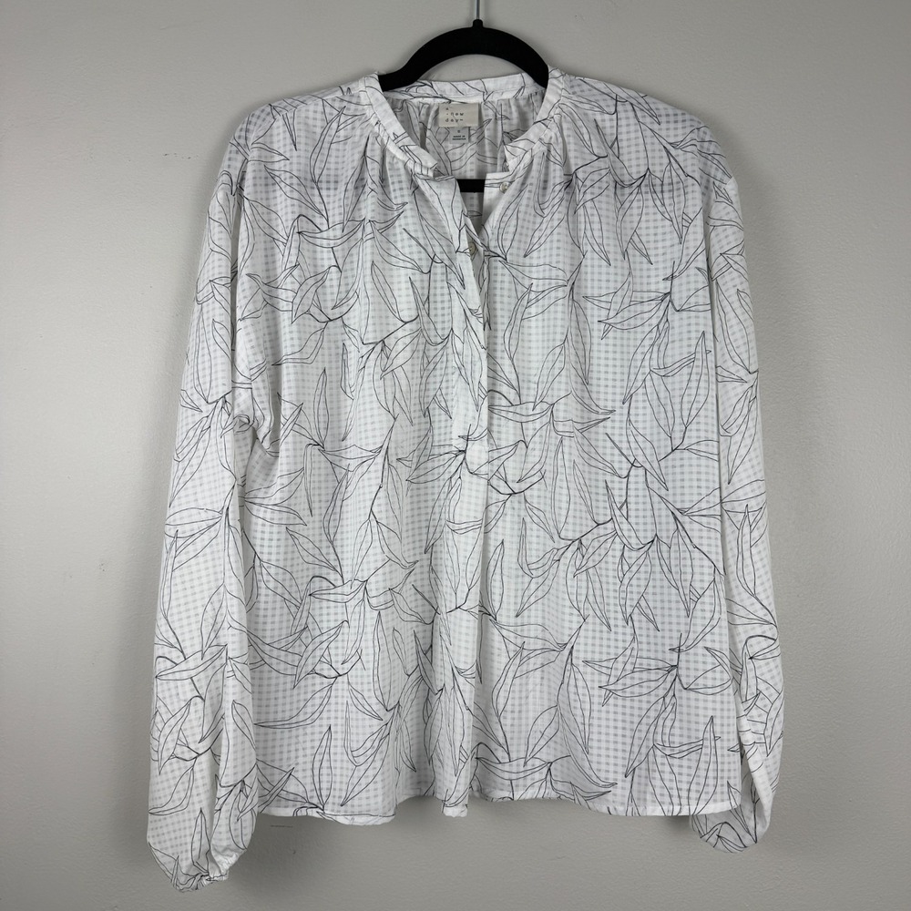 A New Day Blouse Women's S White Sheer Leaf Print Long Sleeve 1/4 Button Floral